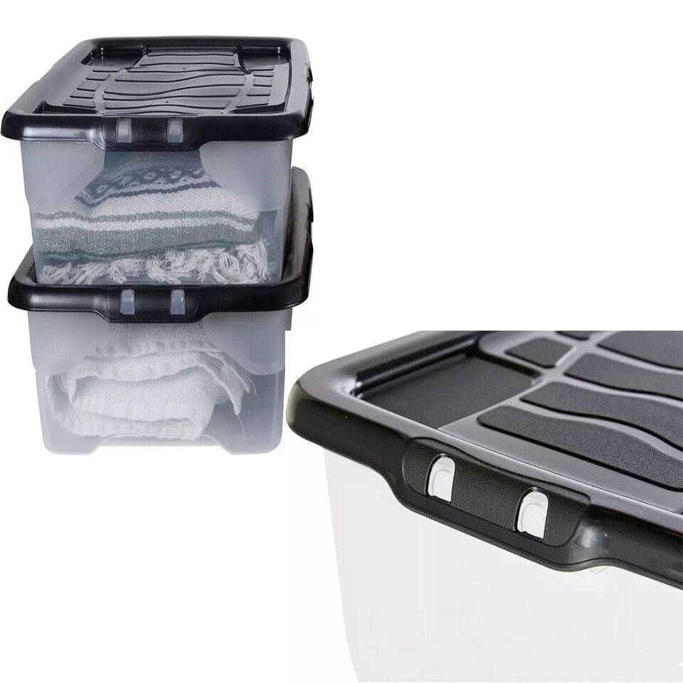 image 1 of Stackable 2 Pack 30L Underbed Storage Boxes with Black Lids for Home, Office, and Kitchen