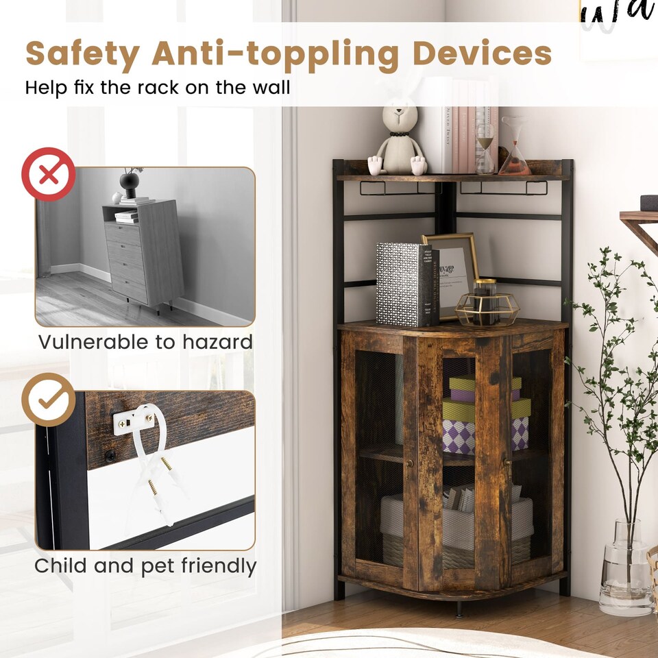 image 1 of COSTWAY Industrial Corner Buffet Bar Cabinet with Glass Holders