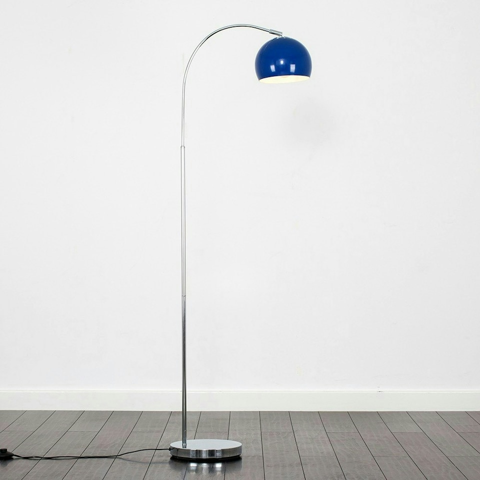 image 1 of ValueLights Polished Chrome Curved Stem Floor Lamp With Gloss Navy Metal Dome Light Shade | Blue