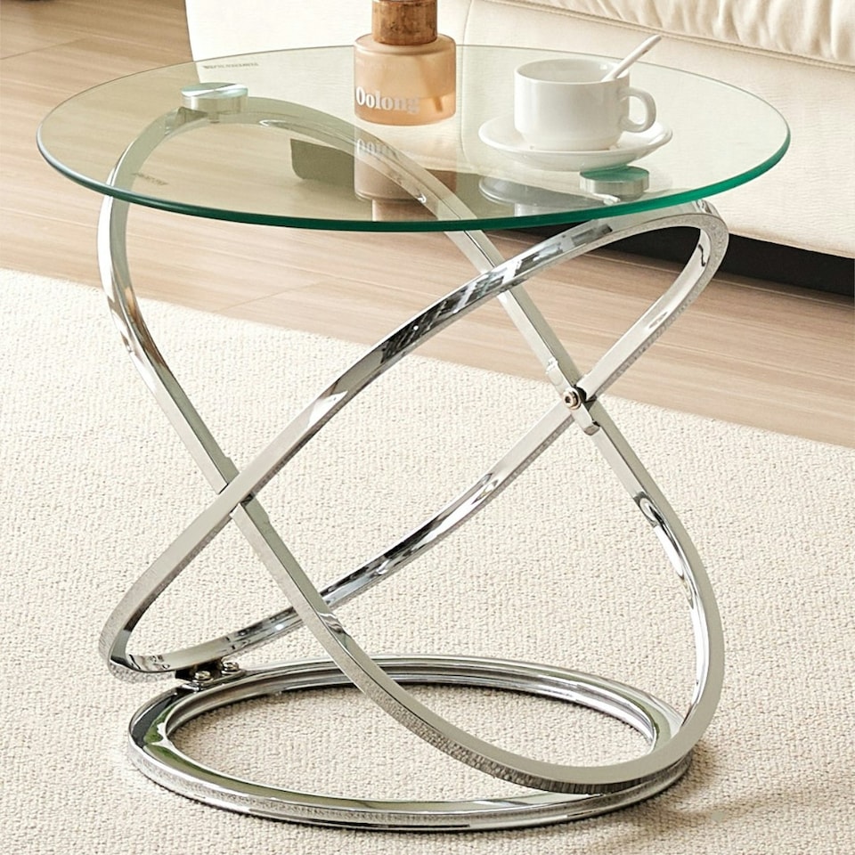 image 1 of Chrome Effect Round Abstract Tempered Glass Lamp Table In Silver