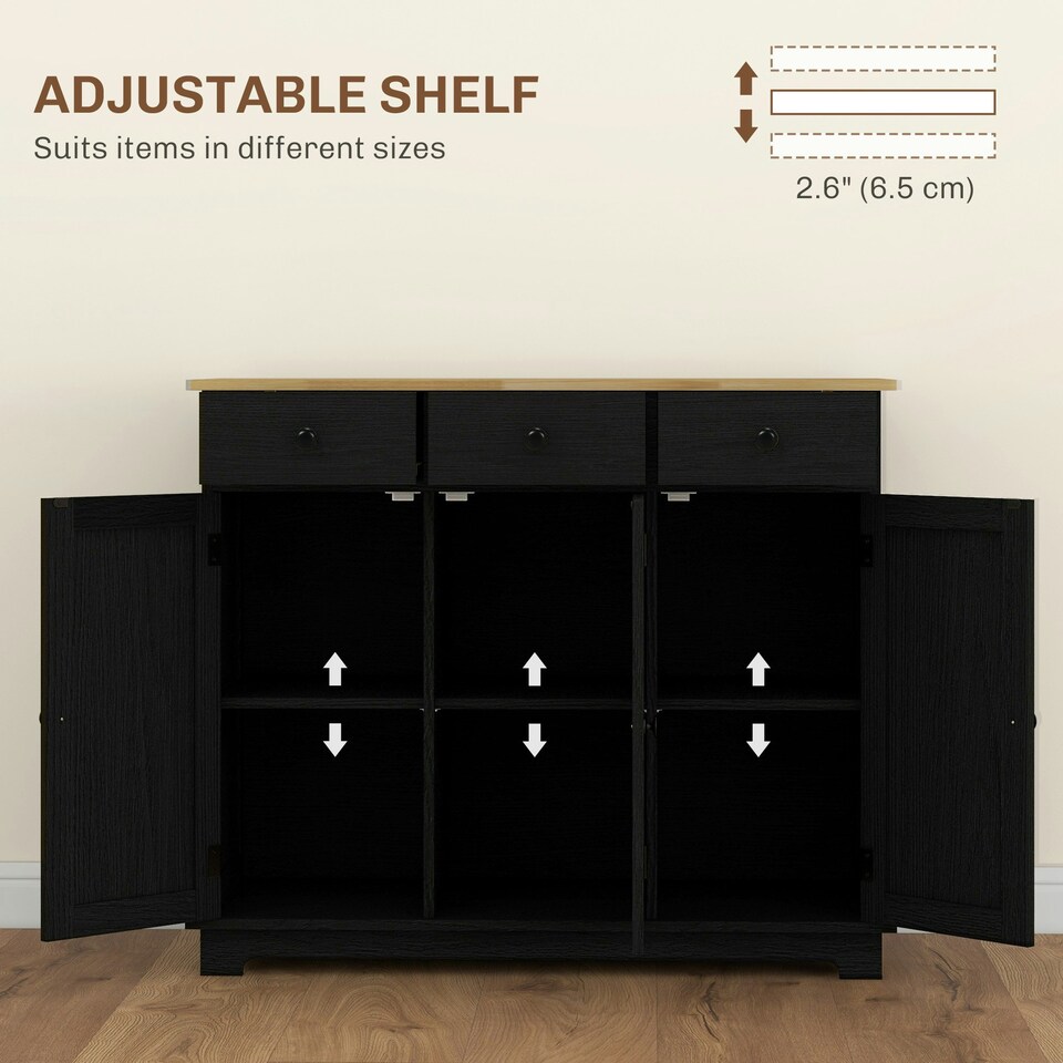image 1 of HOMCOM Sideboard Buffet Cabinet with Rubber Wood Top and Drawers, Black Black | Rubberwood top