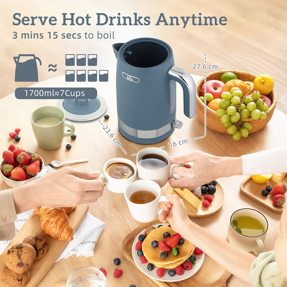 image 1 of HOMCOM Kettle and Toaster Set, 1.7L 3000W Rapid Boil Jug Kettle with Otter Thermostat, Limescale Filter, 2 Slice Toaster with 7 Browning Controls, Crumb Tray, Blue | Blue
