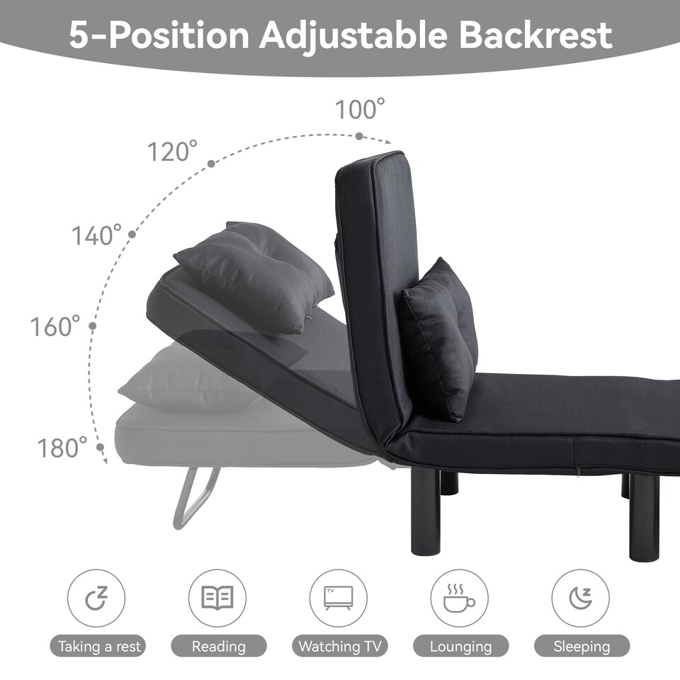 image 1 of 4 in 1 Folding Single Sofa Bed Convertible Lounge Sleeper Chair with Adjustable Backrest and Large Cushion Black