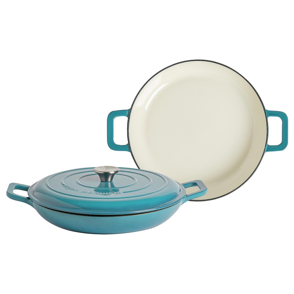 image 1 of Argon Tableware Shallow Casserole Dish - Cast Iron Enameled Dutch Oven - Self-Basting Lid - Hob to Oven - 2.3 Litre | Blue | Teal Ombre | 2