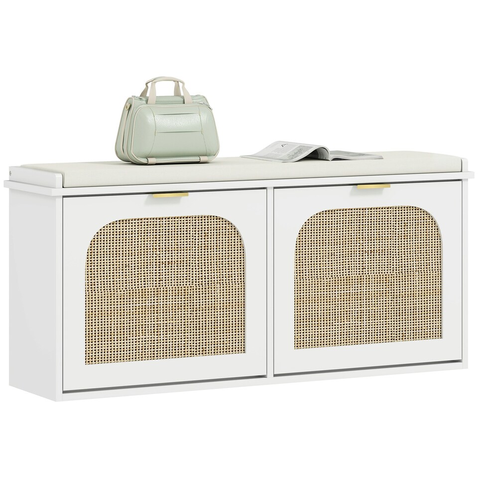 image 1 of HOMCOM Boho Shoe Bench with Padded Seat and 2 Flip-Drawers White