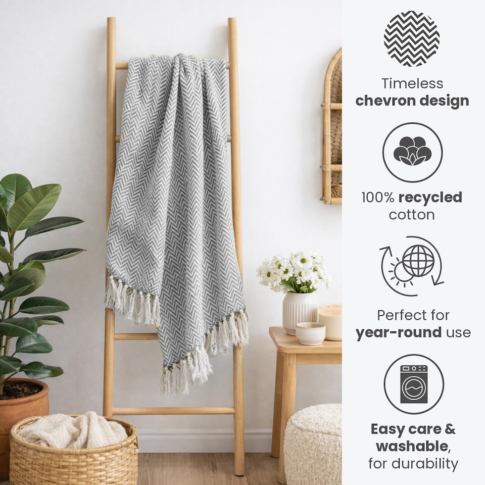 image 1 of Large Cotton Chevron Herringbone Sofa Throw Blanket - 150 x 200cm | Silver | Light Grey | One Size | 1