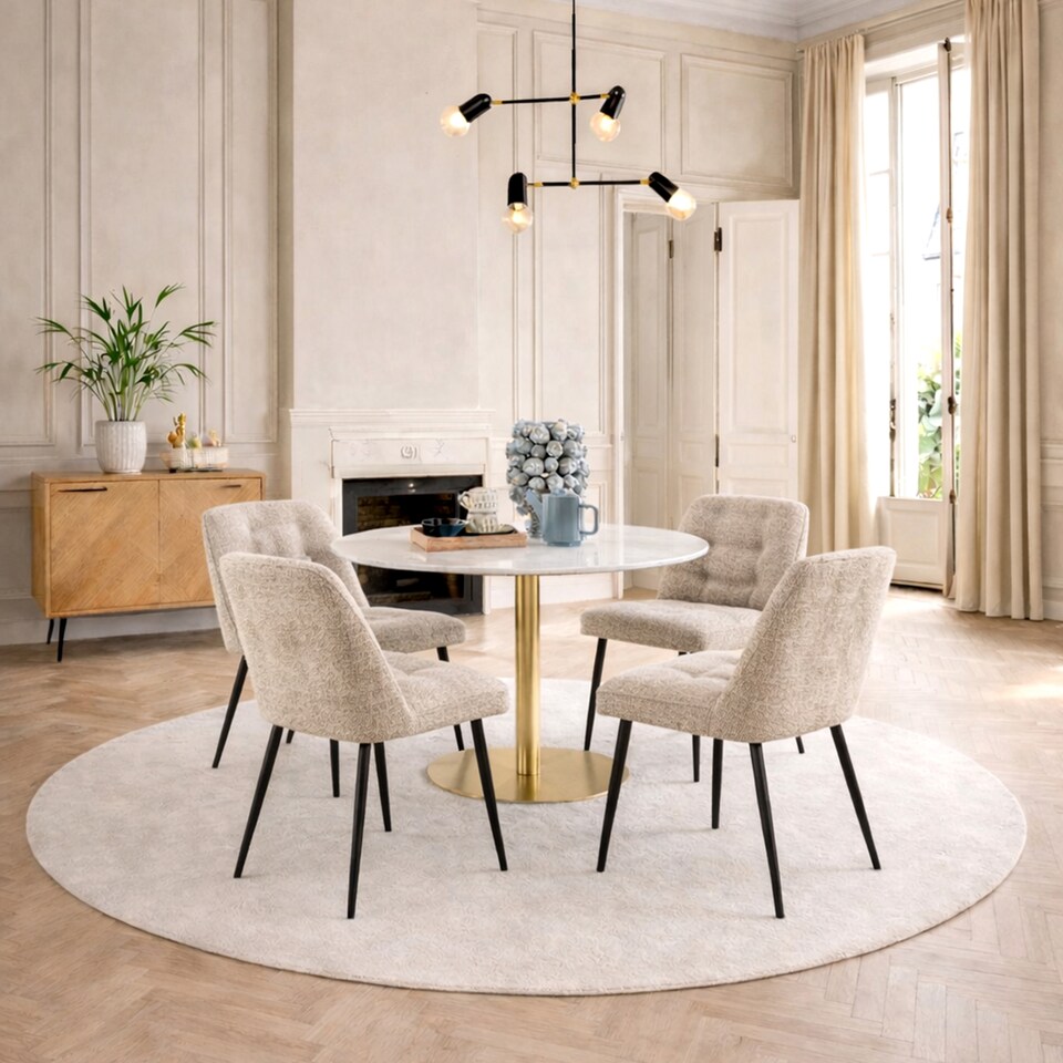 image 1 of Corby Round Dining Table with White Polished Marble Top & Gold Base inc 4 Brooke Dining Chairs in Beige