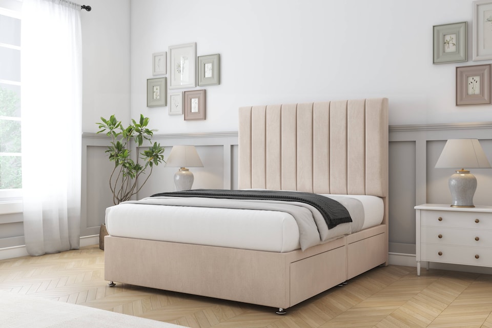 image 1 of Sloomy Kansas Sand Naples Divan Bed Base 2 Drawers Foot-End With 26 Inch Strutted Headboard | Cream | Sand | Double | 1