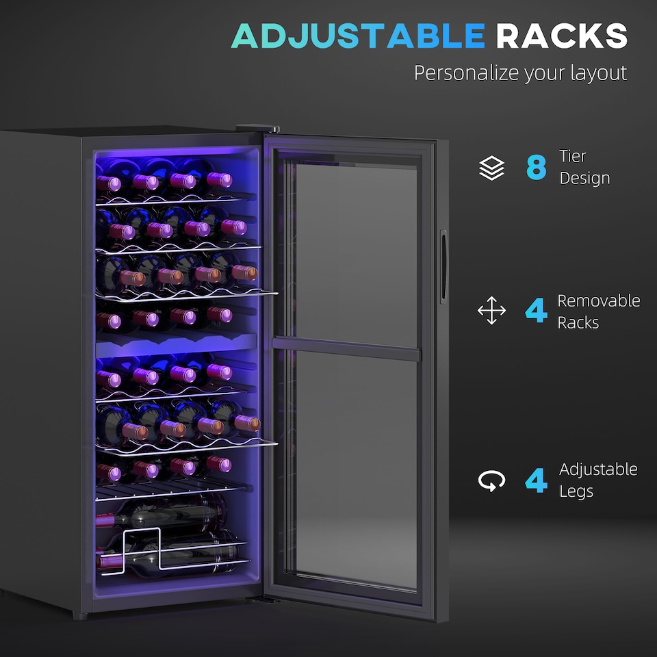 image 1 of HOMCOM 86L Freestanding Wine Cooler with UV-resistant Tempered Glass Door, 32 Bottles Dual Zone Wine Fridge with Adjustable Temperature Control, Digital Touch Screen, Black | Black