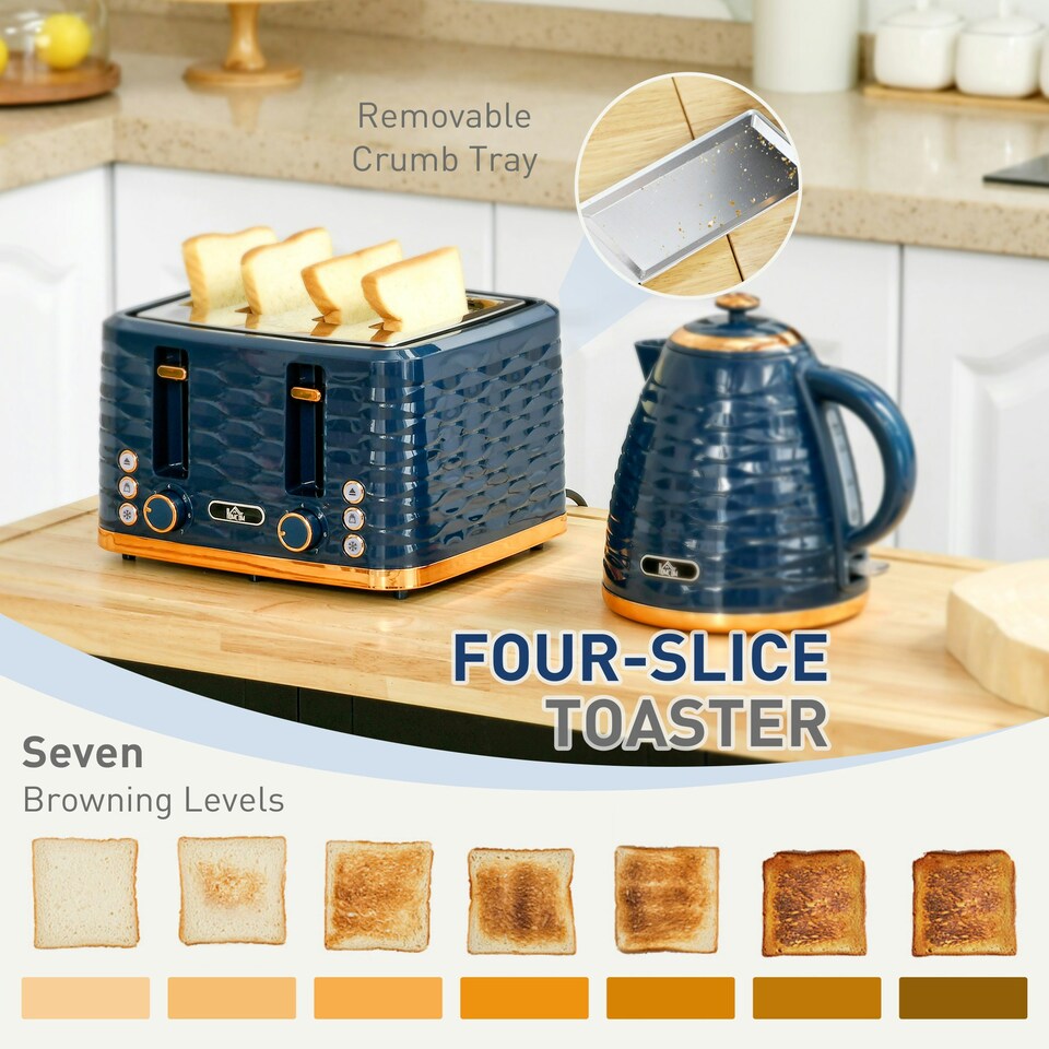 image 1 of HOMCOM Kettle and Toaster Set 1.7L Rapid Boil Kettle & 4 Slice Toaster Blue