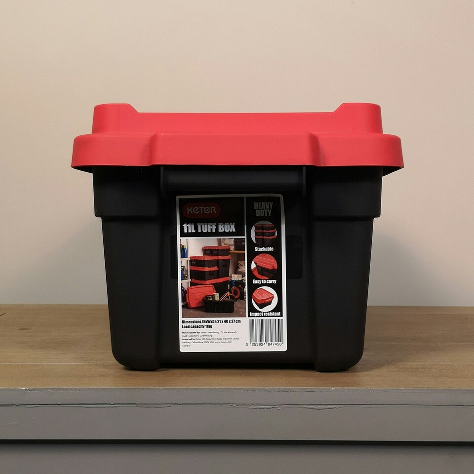 image 1 of 11L Black and Red Small Tuff Stackable Storage Box with Lid and Carry Handles Black