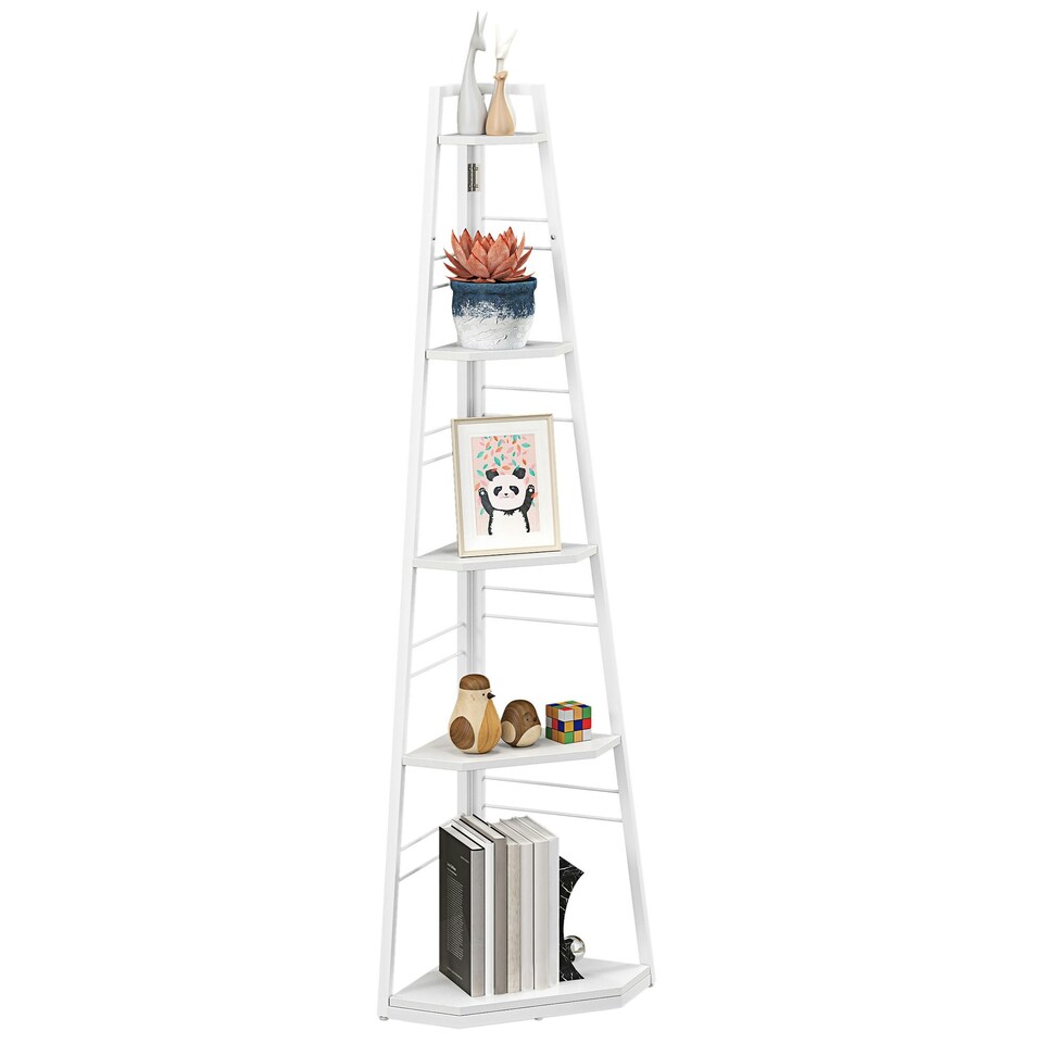 image 1 of HOMCOM 5-Tier Corner Shelf, Shelving Unit with Adjustable Feet, White White