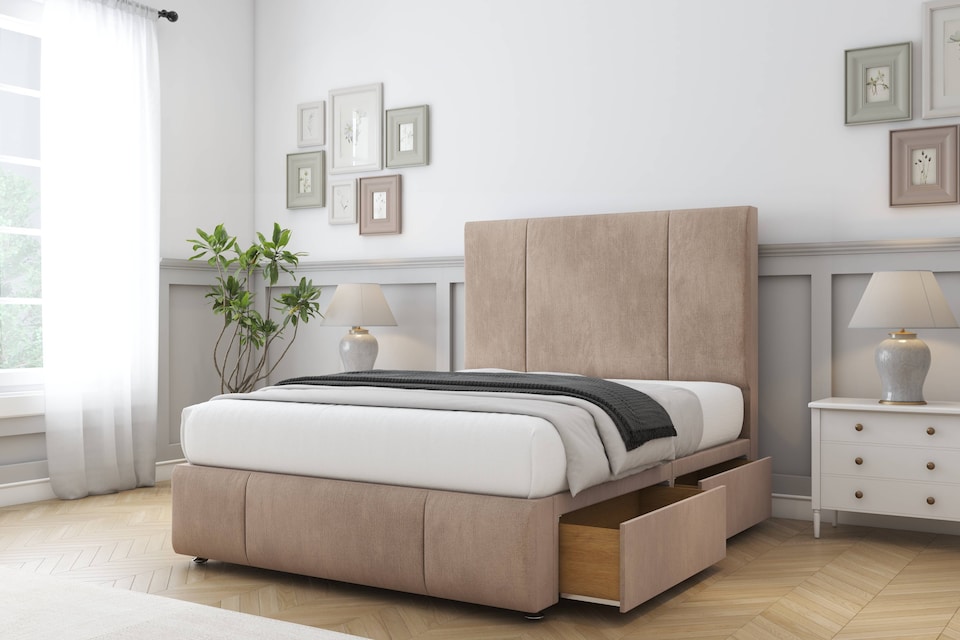image 1 of Sloomy Lisbon Mink Naples Divan Bed Base 2 Drawers Foot-End With 26 Inch Strutted Headboard & 12 Inch Matching Footboard | Brown | Mink | Small Double | 1