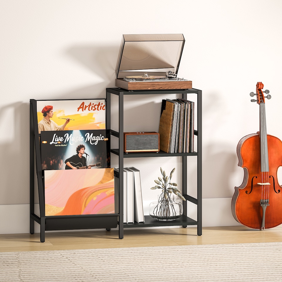 image 1 of HOMCOM Record Player Stand, 3-Tier Side Table with Vinyl Record Storage, End Table with 3 Oxford Cloth Magazine Racks for Living Room, Bedroom, Black Wood Effect | Black