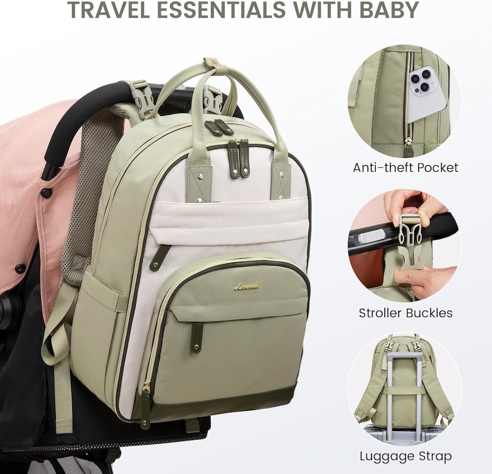 image 1 of LOVEVOOK Nappy Bag Backpack, Baby Bag with Changing Pad, Large Diaper Backpack Boy Girl, Waterproof Baby Registry Bag for Mom Dad with Stroller Buckles, Beige-green | Green | beige-green