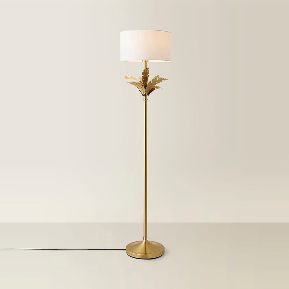 image 1 of ValueLights Christina Gold Palm Leaf Floor Lamp White Shade and Bulb