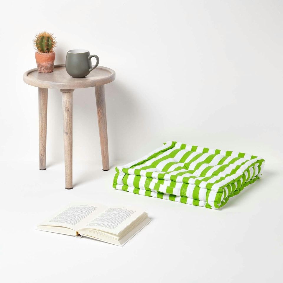 image 1 of Homescapes Cotton Green Thick Stripe Floor Cushion - 50 x 50 cm | Green | 50 x 50 cm