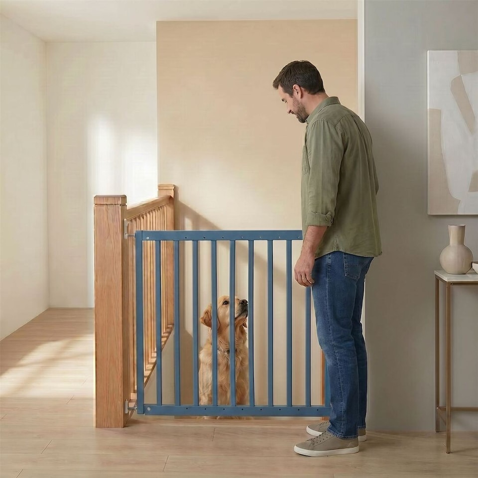 image 1 of Safetots Top of The Stairs Screw Fitted Stair Gate, Azure Blue Wooden, 63.5cm - 105.5cm, Wood Baby Gate, Safety Gate | Blue | 1