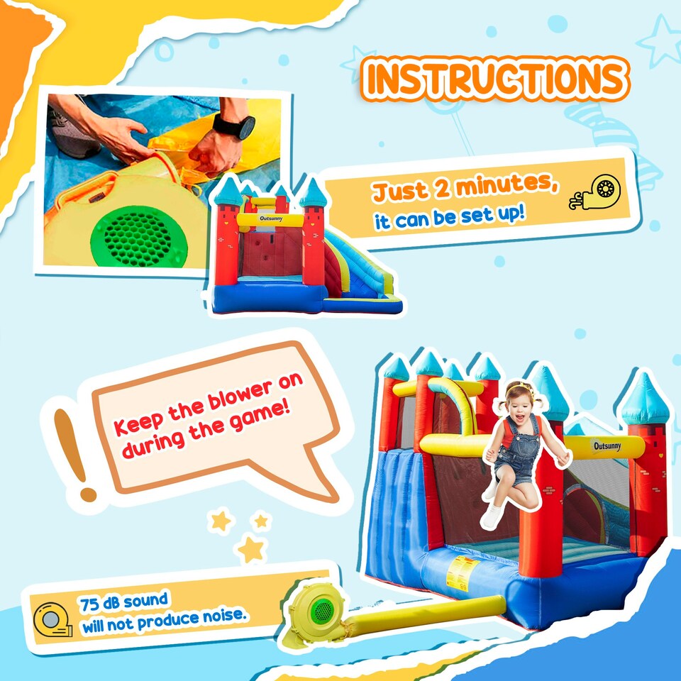image 1 of Outsunny Kids Bouncy Castle w/ Slide, Pool, Trampoline, Climbing Wall, Blower