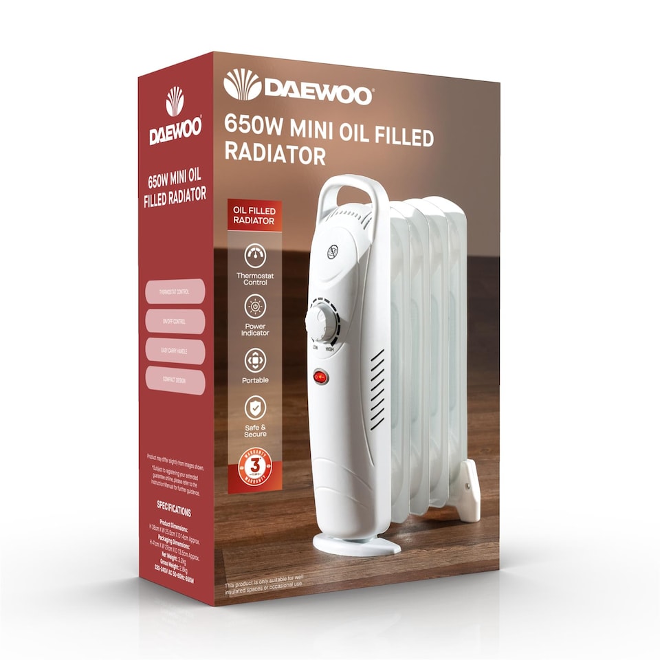 image 1 of Daewoo 650W Mini Oil Filled Radiator with Thermostat 5 Fin White