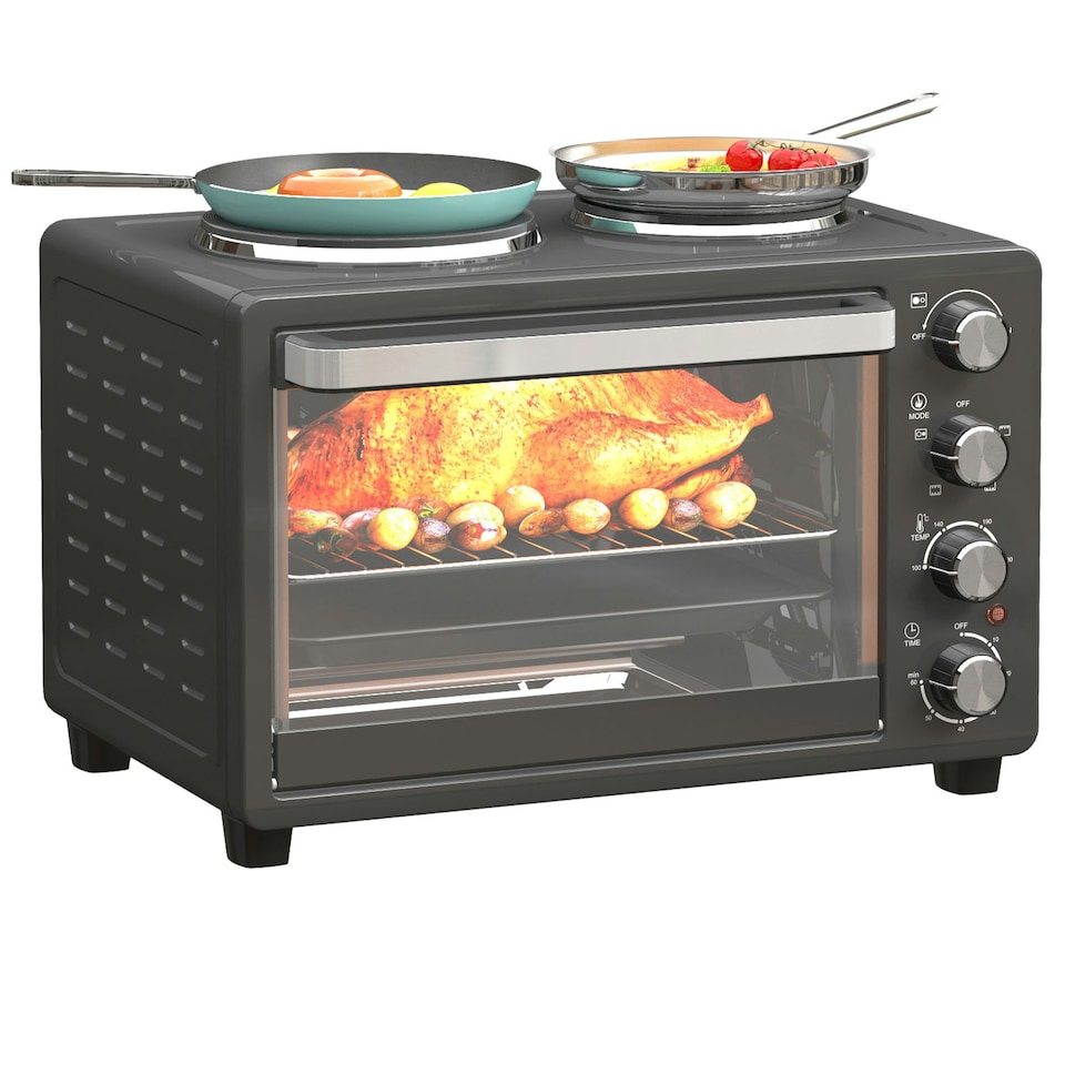 image 1 of HOMCOM 28L Countertop Toaster Oven with 2 Hot Plates, Grill, Roast, Bake