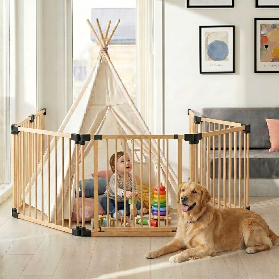 image 1 of Bettacare Wooden Multi Panel Flexible Pet Barrier, Natural Wood, up to 176cm Wide, Dog Barrier for Pets Dogs and Puppy Cream | Natural