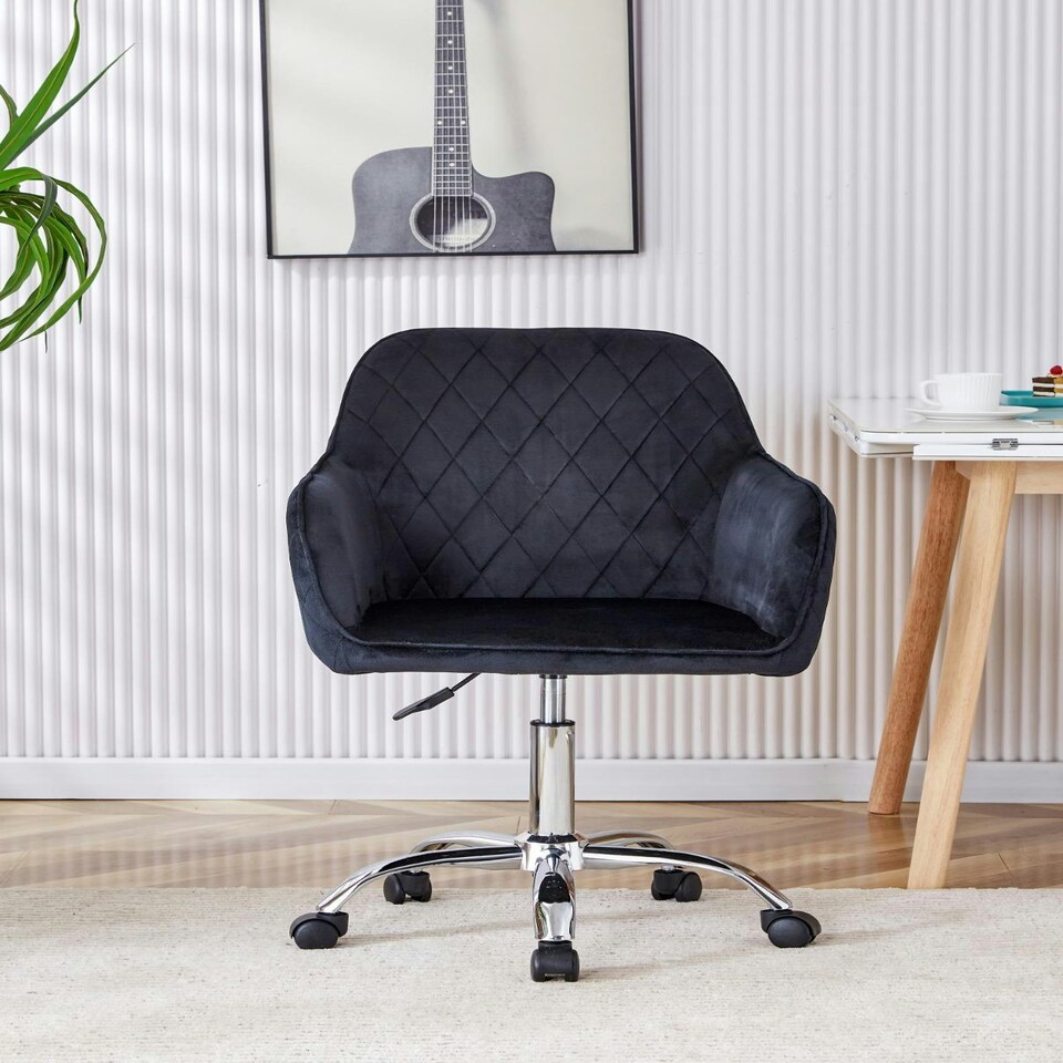 image 1 of Office Chair black velvet swivel with arms and wheels leisure home desk computer | Black