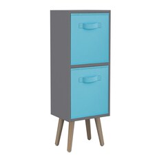 Grey 2-Tier 2-Drawer Cube Shelving Unit with Scandinavian Legs | Blue | Sky Blue & Pine | 1