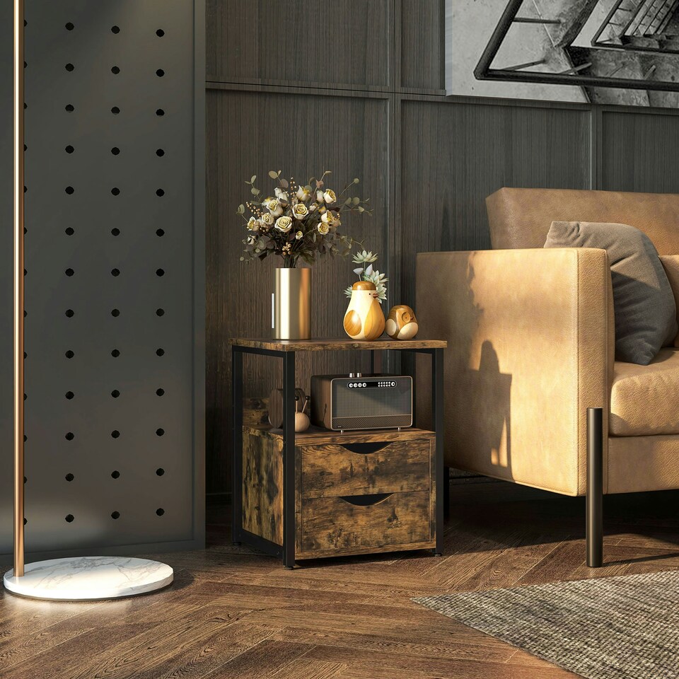 image 1 of HOMCOM End Table Bedside Desk Slim Storage Cabinet with Shelf Brown Grey