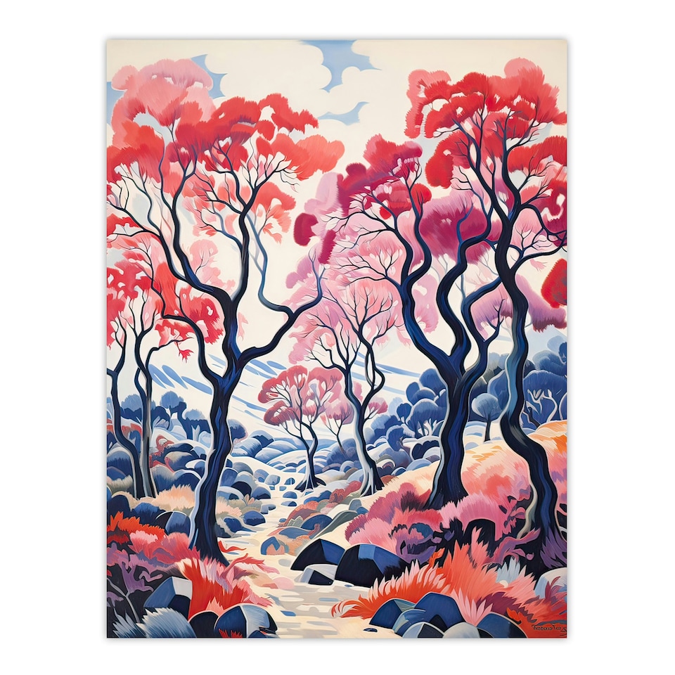 image 1 of Autumn Trees Countryside Landscape Pink Black Framed Wall Art Print A4