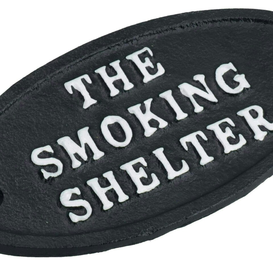 image 1 of The Smoking Shelter Cast Iron Sign Plaque Door Wall House Gate Post Pub Hotel