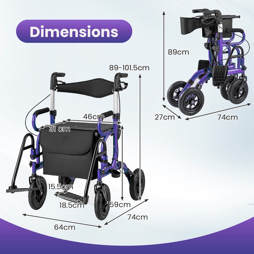 image 1 of COSTWAY Rollator Walker 2-in-1 Foldable Rolling Walker-Purple