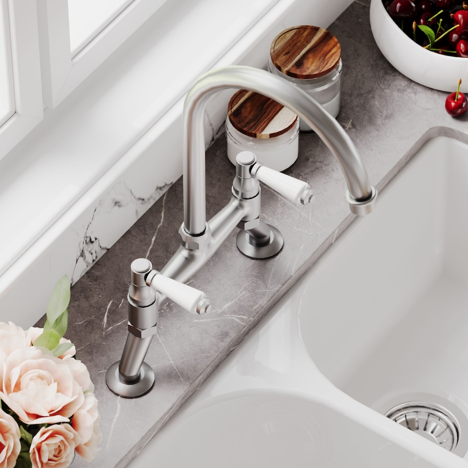 image 1 of Traditional Kitchen Bridge Sink Mixer Tap - Brushed Nickel White Lever | Silver | Brushed Nickel | 1