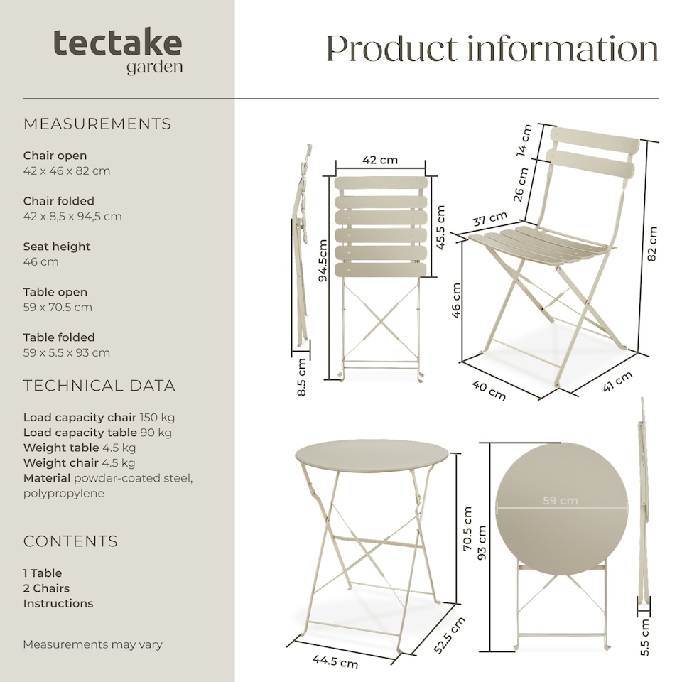 image 1 of Garden Table and Chairs Frieda - 2 seater, for balconies, patios and terraces, folding and lightweight | Cream | cream | 1