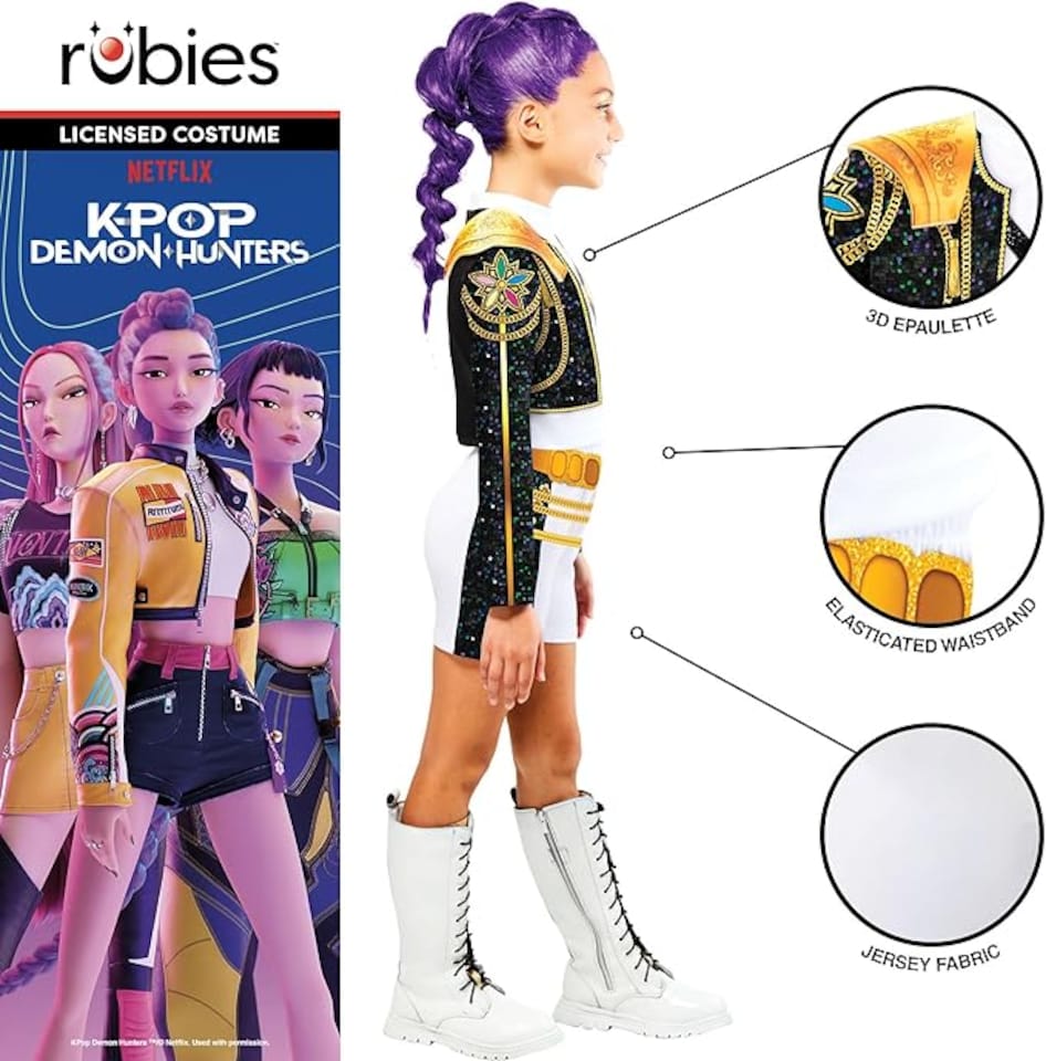 image 1 of Rubie's Official Netflix K-Pop Demon Hunters Deluxe Rumi Costume | Top & Shorts with Printed Design | Girls Fancy Dress | Officially Licensed Golden Child Halloween Costume | Kids Sizes