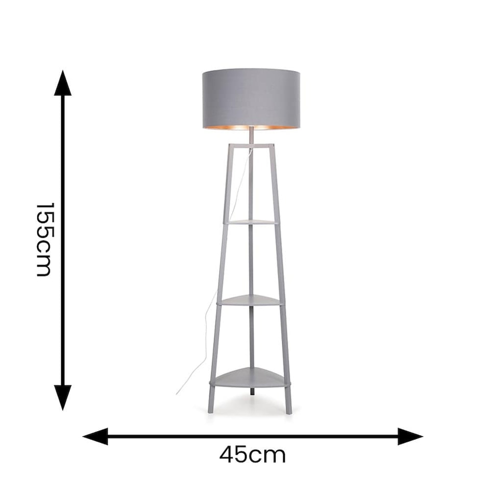image 1 of ValueLights Grey Wooden 3 Tier Floor Standard Lamp with Storage Shelves- Grey/Copper Shade + LED Bulb | Grey