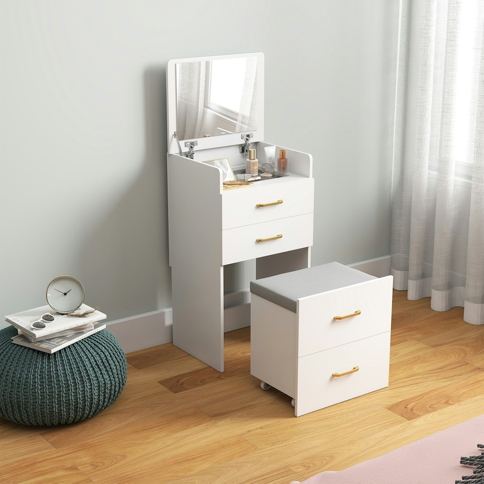 image 1 of HOMCOM 3 in 1 Dressing Table Vanity Desk with Mirror and Cushioned Stool White
