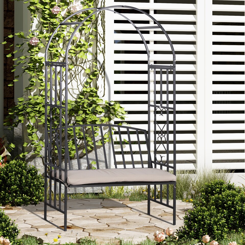 image 1 of Outsunny Garden Metal Arch Bench, Outdoor Furniture Chair with Cushion Outdoor Patio Rose Trellis Arbour Pergola, for Climbing Plant 114L x 60W x 206H cm