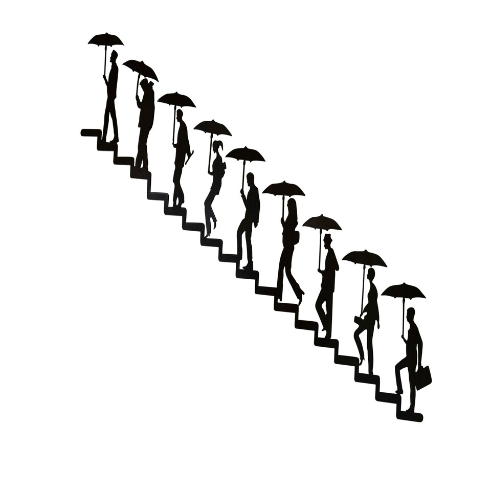 image 1 of Urban Journey Metal Wall Art | Figures Climbing Stairs with Umbrellas | Modern Silhouette Decor for Indoor & Outdoor Use Right to Left Orientation
