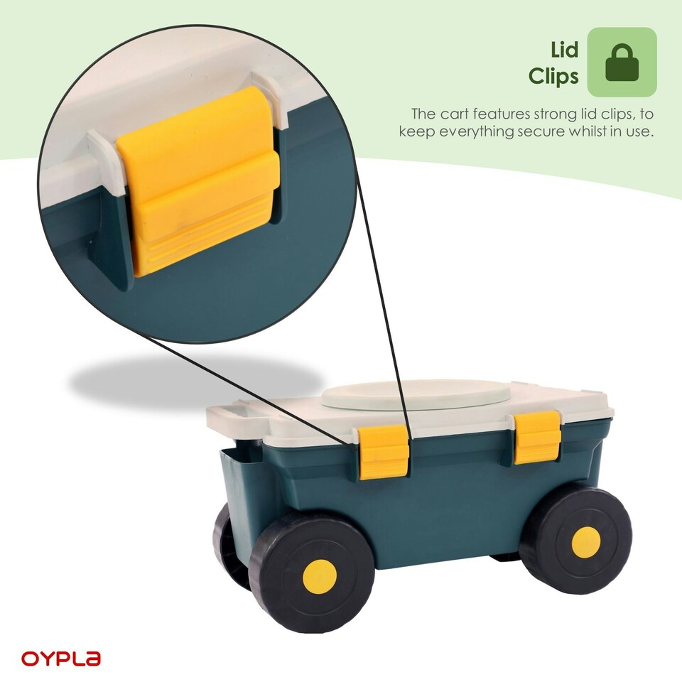 image 1 of Oypla Outdoor Garden Rolling Tool Cart Storage Box with Rotating Seat Green