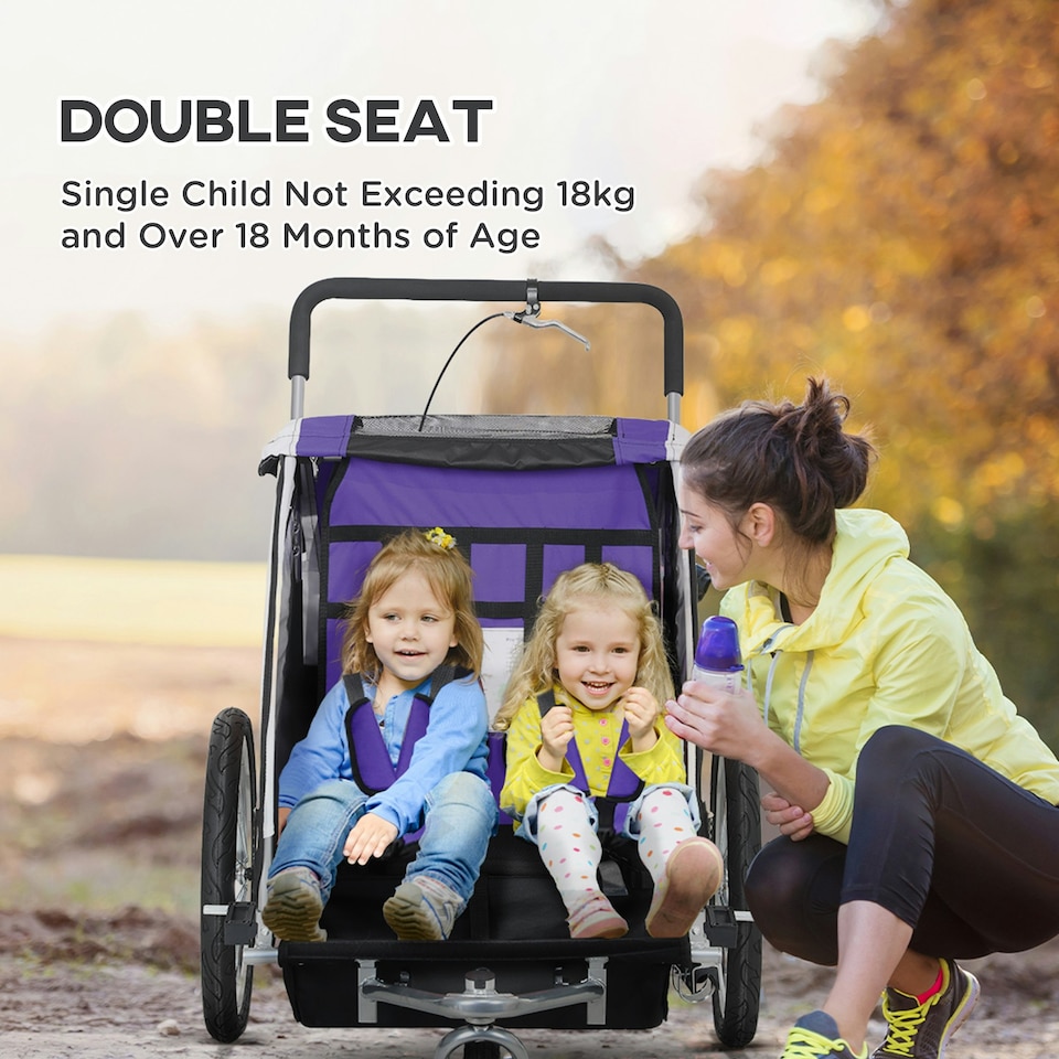 image 1 of HOMCOM 2 Seat Child Bike Trailer, Baby Bicycle Trailer for 2 Kids, Purple
