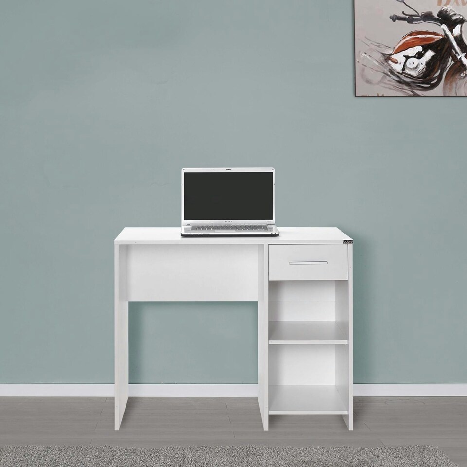 image 1 of Adore Matt White Study Desk with Drawer & Shelves White