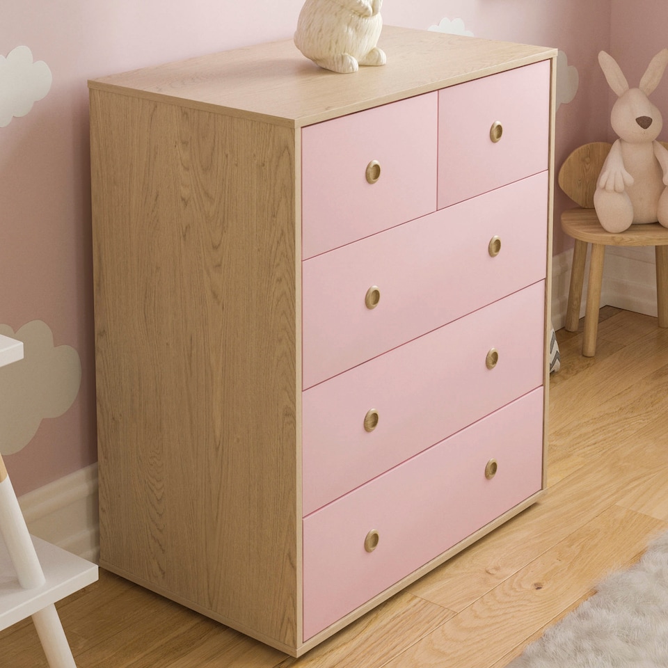 image 1 of Vida Designs Neptune 5 Drawer Chest of Drawers Bedroom Storage, Pink & Oak