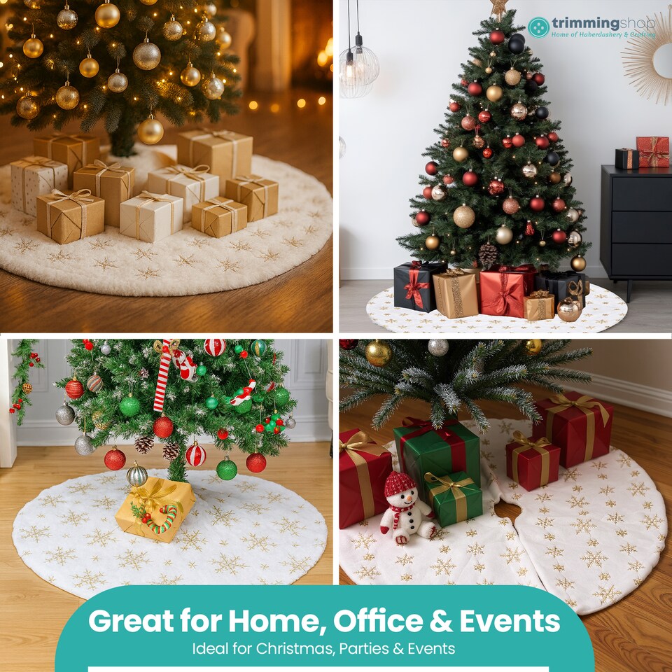 image 1 of 100cm White Christmas Tree Skirt with Snowflake Design, Gold Embroidered