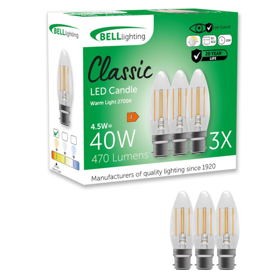 image 1 of BELL Lighting B22 Bayonet Dimmable LED Filament Candle Warm White 2700K 4.5W Light Bulb