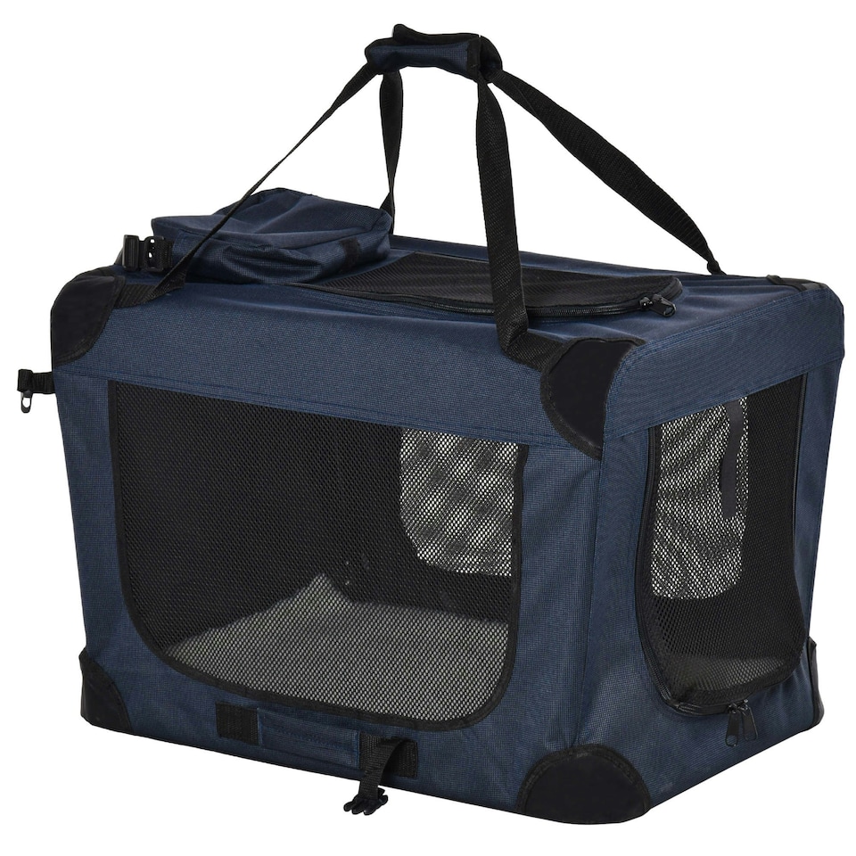 image 1 of PawHut Folding Pet Carrier Bag House W/ Cushion Storage, Dark Blue 60x41.5x41cm