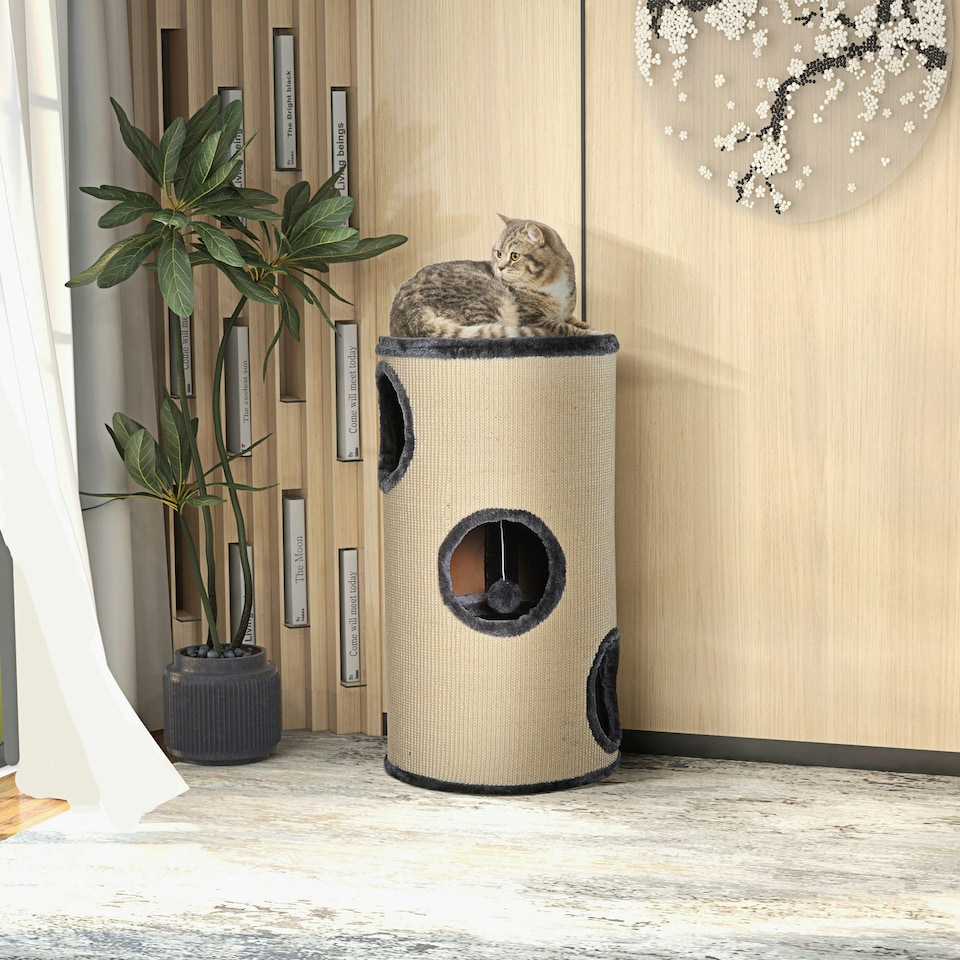 image 1 of PawHut Cat Scratching Barrel Sisal Activity Center Condo, 70cm, Beige Grey