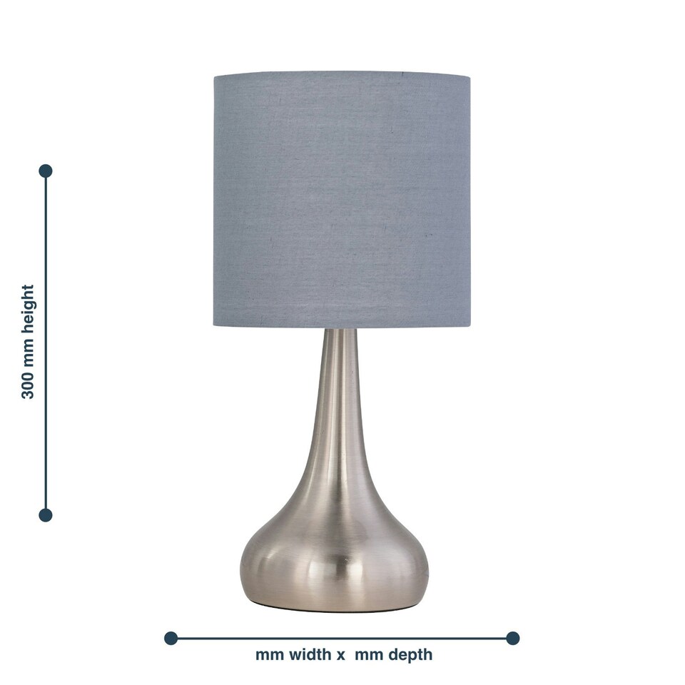 image 1 of Set of 2 Romana - Brushed Chrome Touch Operated Table Lamps Bedside Lights Grey Cotton Shade Silver | Grey