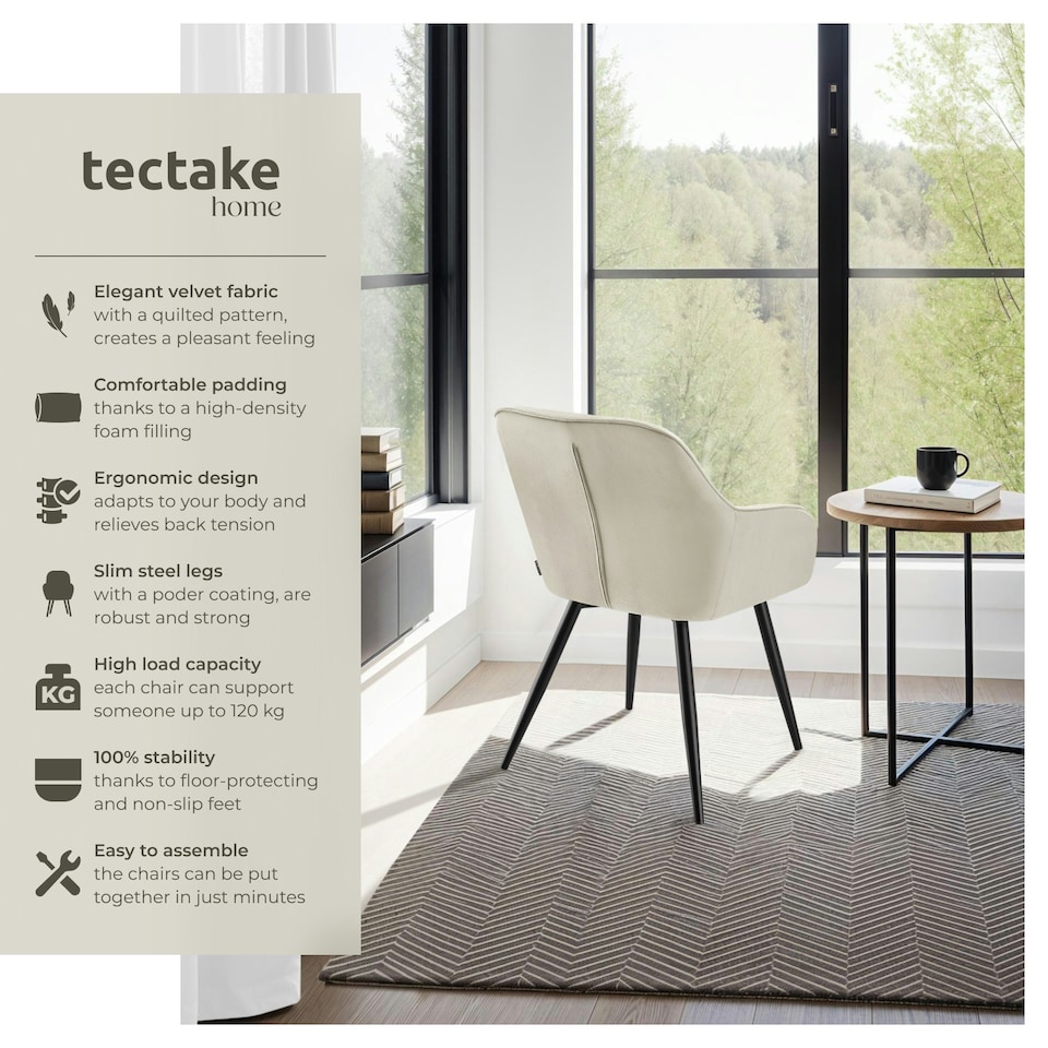 image 1 of Chair Marilyn - velvet look, quilted, continuous backrest, slim steel legs - per piece Cream | Cream/Black