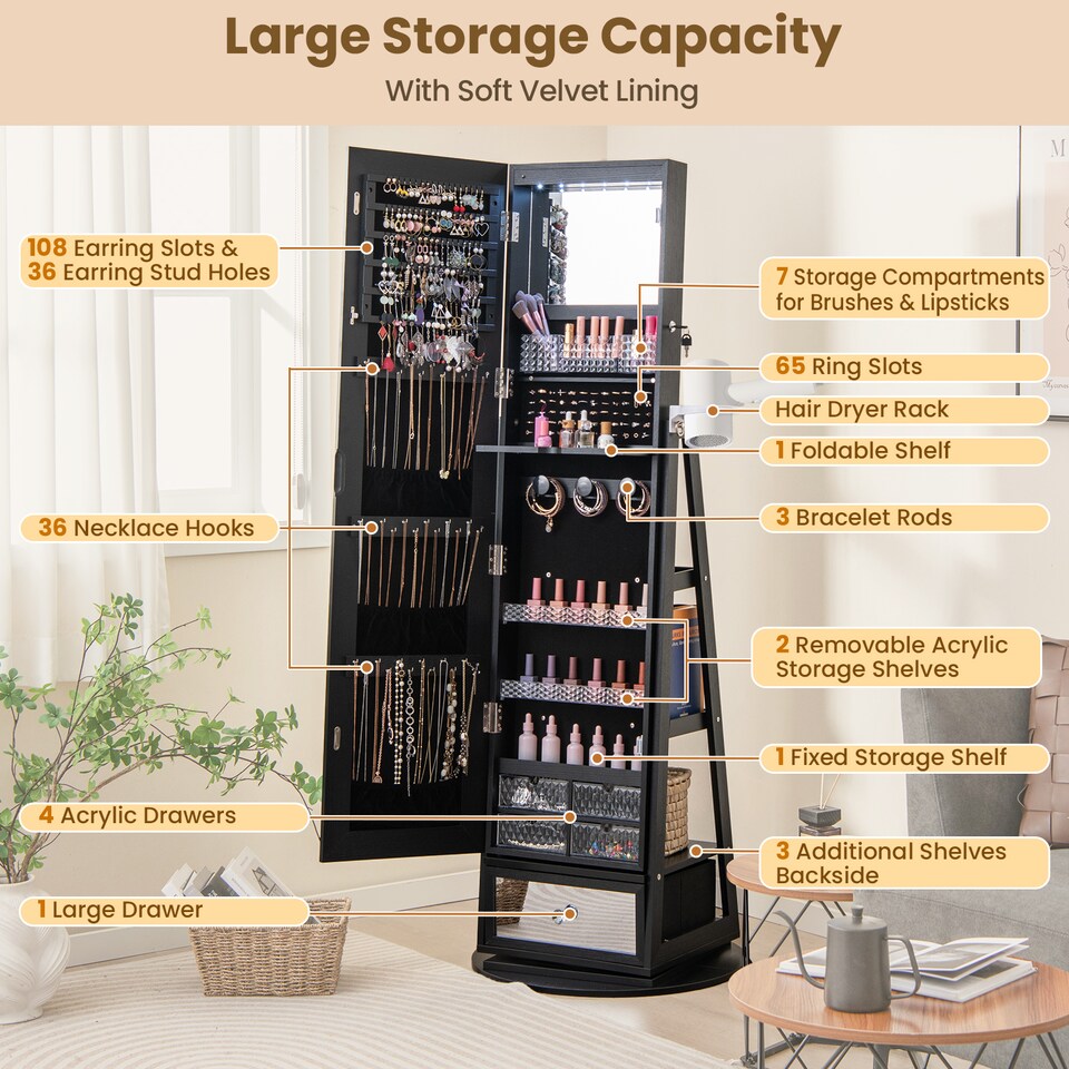 image 1 of COSTWAY 4 iN 1 Swivel Jewelry Cabinet Lockable Jewelry Armoire-Black